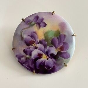 Vintage‎ Hand Painted Porcelain Brooch Violets Edwardian